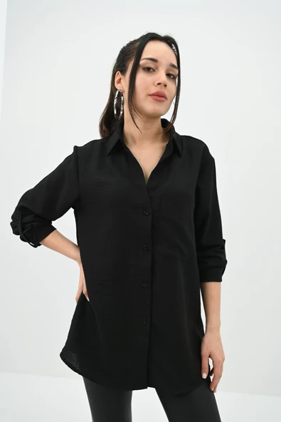 Kadın Keten Cep Detaylı Gömlek 1732-24 - 2