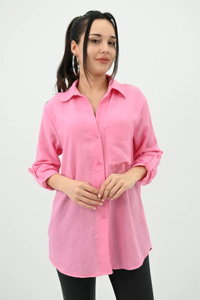 Kadın Keten Cep Detaylı Gömlek 1732-24 - 5