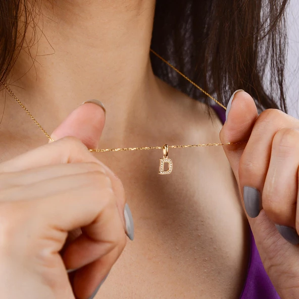 14 Ayar Altın D Harfi Taşlı Kolye Ucu 0,49 gr - 3