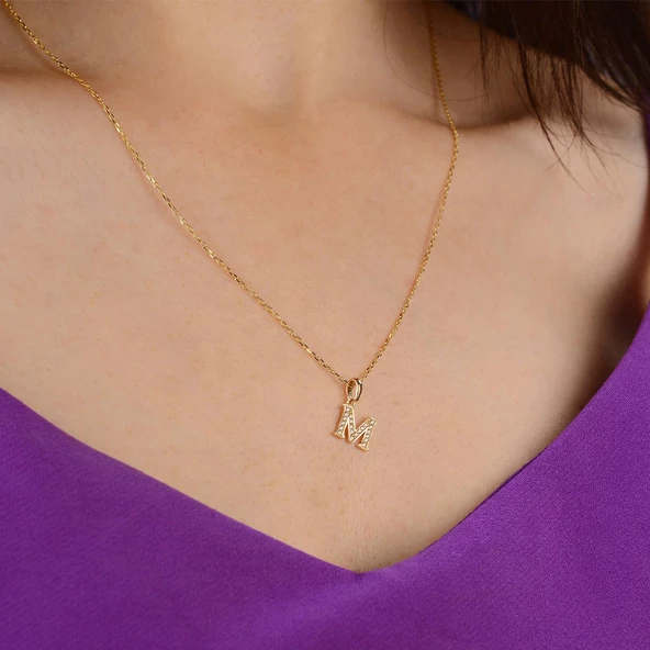 14 Ayar Altın M Harfi Taşlı Kolye Ucu 0,62 gr - 4