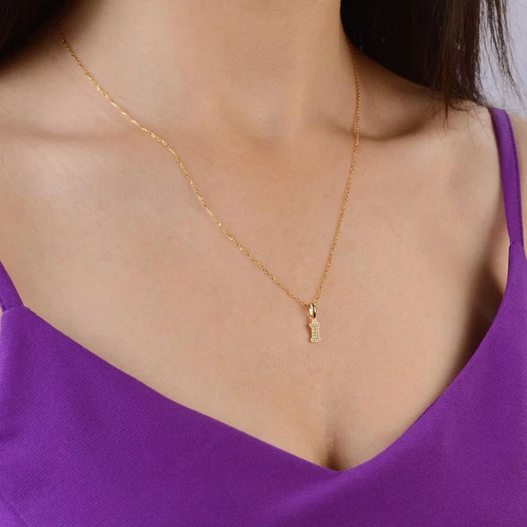 14 Ayar Altın İ Harfi Taşlı Kolye Ucu 0,45 gr - 4