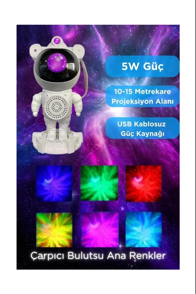 Astronot Galaksi Işık Projektörü Led Işıklı Gece Lambalı Yıldızlı Bluetooth Hoparlör Müzik Çalar Speaker - 5