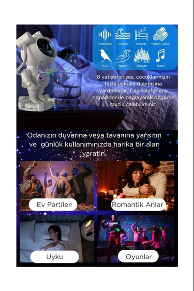 Astronot Galaksi Işık Projektörü Led Işıklı Gece Lambalı Yıldızlı Bluetooth Hoparlör Müzik Çalar Speaker - 6