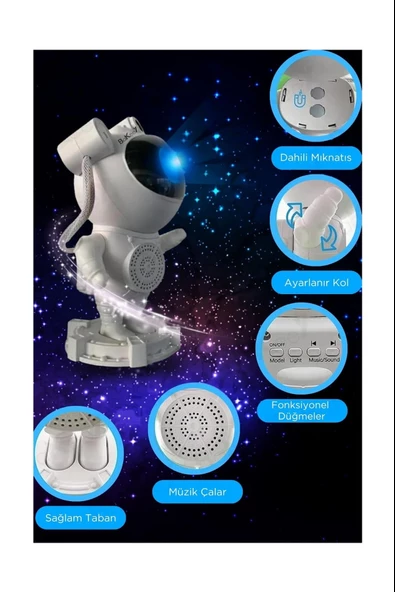 Astronot Galaksi Işık Projektörü Led Işıklı Gece Lambalı Yıldızlı Bluetooth Hoparlör Müzik Çalar Speaker - 2