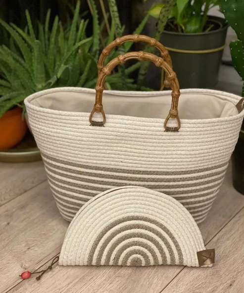 Pamuk Makrome Özel Dikiş Iç Astarlı 45 Cm El Çantası Ve  Cüzdan