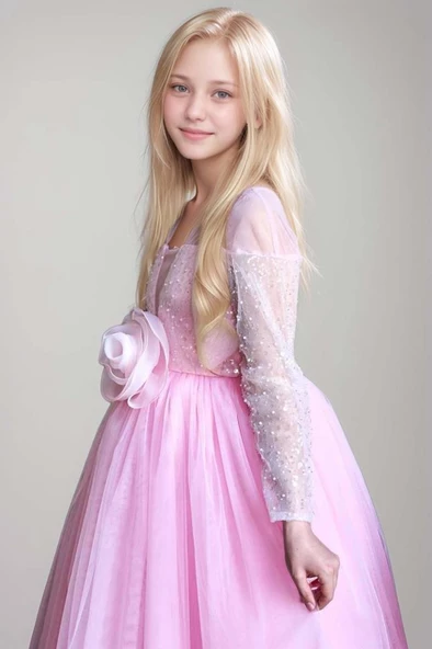 Kız Çocuk Üzeri Pulpayet İşlemeli Kolları Şeffaf Tüllü Toka Detaylı Pembe Abiye - Resim 2