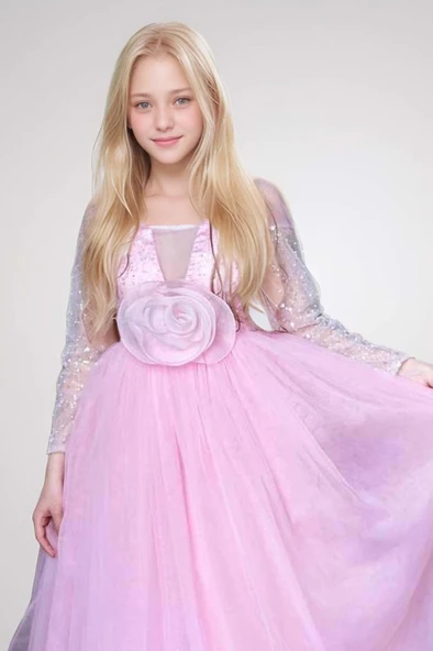 Kız Çocuk Üzeri Pulpayet İşlemeli Kolları Şeffaf Tüllü Toka Detaylı Pembe Abiye - Resim 3