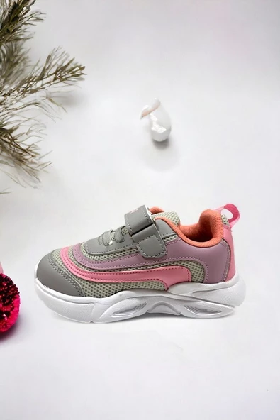 Memory Foam Çift Bant Işıklı Unisex Çocuk Spor Sneakers (ÇOCUKSPOR10-GriPembe ) - 4