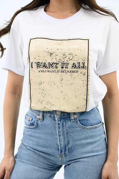 Kadın Gold Taş Baskılı T-shirt 1730-24 - 12