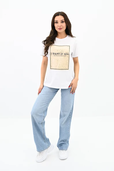 Kadın Gold Taş Baskılı T-shirt 1730-24 - 9