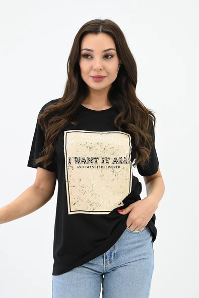 Kadın Gold Taş Baskılı T-shirt 1730-24