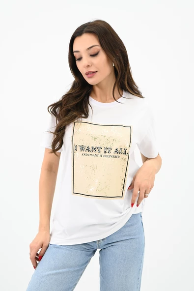 Kadın Gold Taş Baskılı T-shirt 1730-24 - 7