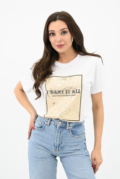 Kadın Gold Taş Baskılı T-shirt 1730-24 - 8