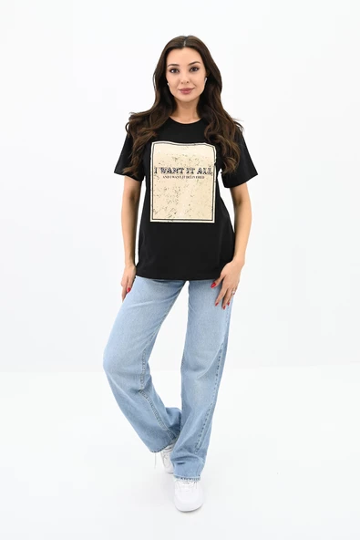 Kadın Gold Taş Baskılı T-shirt 1730-24 - 3