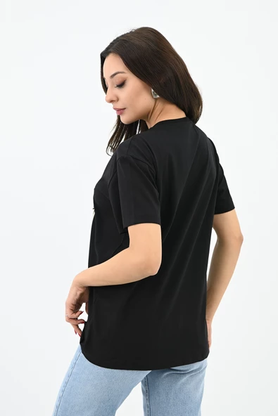 Kadın Gold Taş Baskılı T-shirt 1730-24 - 6