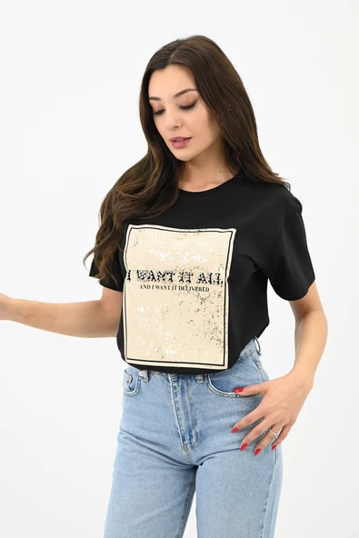 Kadın Gold Taş Baskılı T-shirt 1730-24 - 5