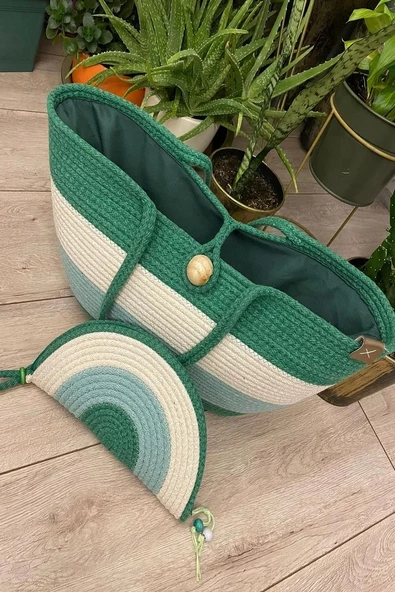Pamuk Makrome Özel Dikiş Iç Astarlı 48 Cm El Çantası Cüzdan - 2