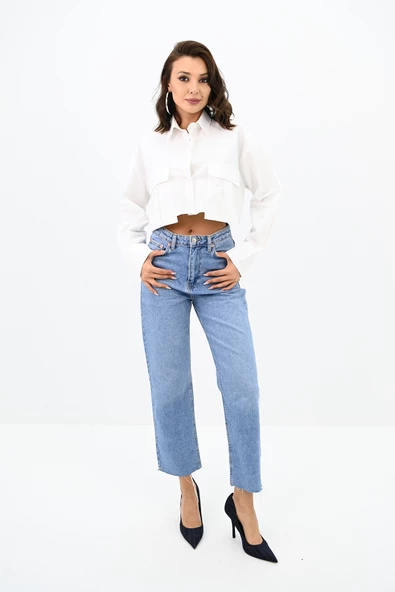 Kadın Crop Cep Detaylı Gömlek 1672-24 - 3