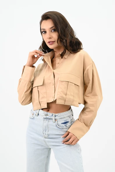 Kadın Crop Cep Detaylı Gömlek 1672-24 - 7