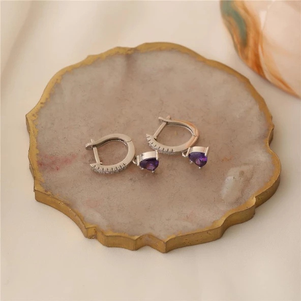 925 Ayar Gümüş Kalpli Taş Sallantı Küpe - Resim 4