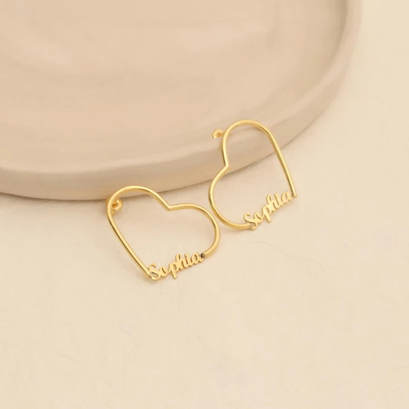 925 Ayar Gümüş Kişiye Özel İsim Yazılı Kalp Hoop Küpe - E00243 - Resim 3