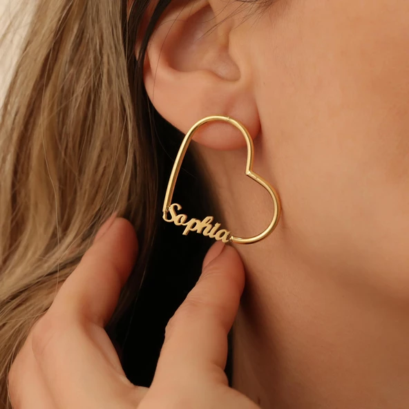 925 Ayar Gümüş Kişiye Özel İsim Yazılı Kalp Hoop Küpe - E00243 - Resim 2