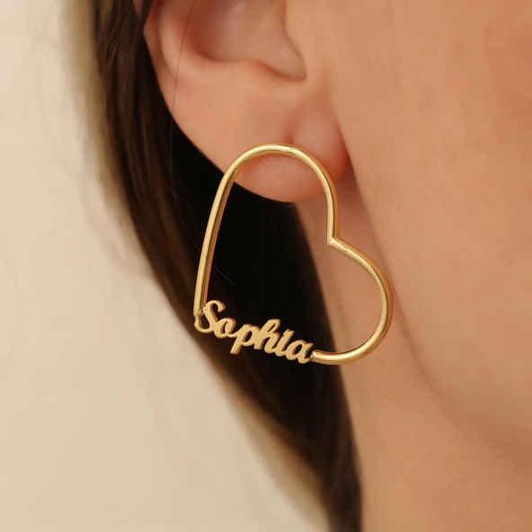 925 Ayar Gümüş Kişiye Özel İsim Yazılı Kalp Hoop Küpe - E00243 ürün görseli 1