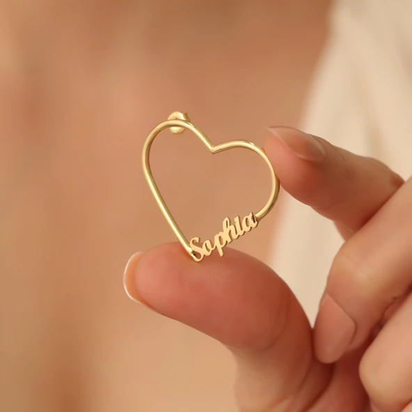 925 Ayar Gümüş Kişiye Özel İsim Yazılı Kalp Hoop Küpe - E00243 - Resim 4