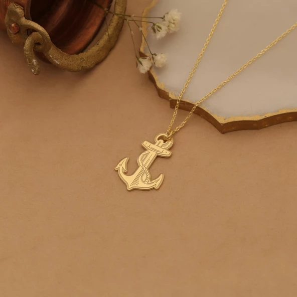 14 Ayar Mikron Altın Kaplama Çapa Figürlü Gümüş Kolye - CN00232 - Resim 3