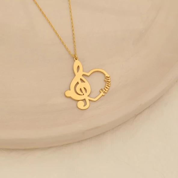 14 Ayar Mikron Kaplama Kişiye Özel İsimli Müzik Anahtarı Kalp Gümüş Kolye - CN00239 - Resim 3