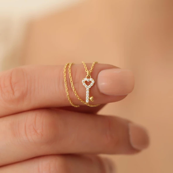 925 Ayar Gümüş Kalp Detay Taşlı Minimal Anahtar Kolye - CNS00139 - Resim 5