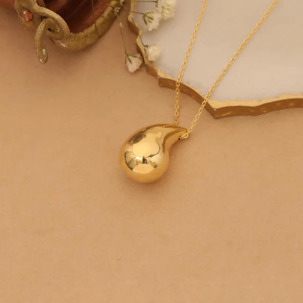 14 Ayar Mikron Altın Kaplama Damla Formlu Kolye - CN00225 - Resim 5