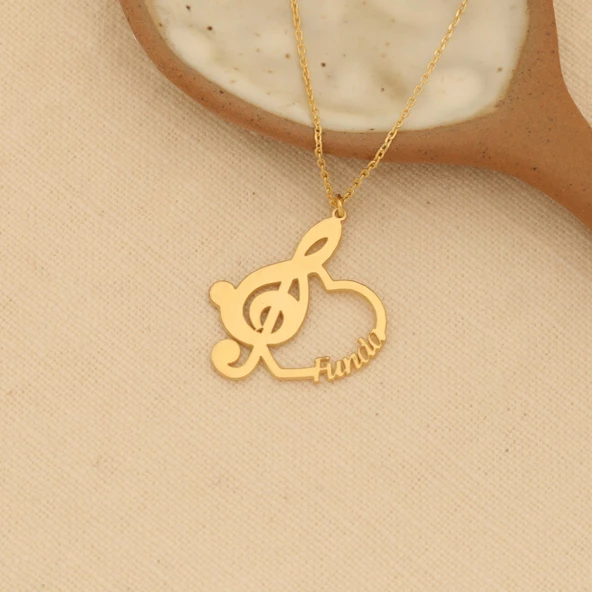 14 Ayar Mikron Kaplama Kişiye Özel İsimli Müzik Anahtarı Kalp Gümüş Kolye - CN00239 - Resim 4