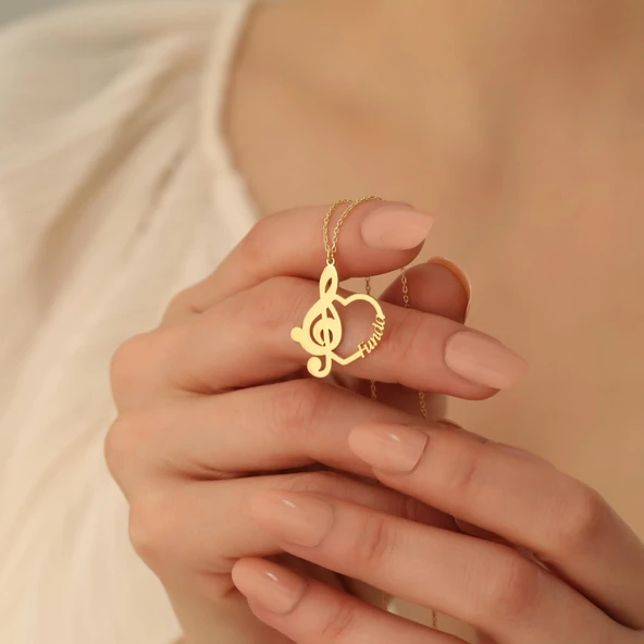 14 Ayar Mikron Kaplama Kişiye Özel İsimli Müzik Anahtarı Kalp Gümüş Kolye - CN00239 - Resim 5