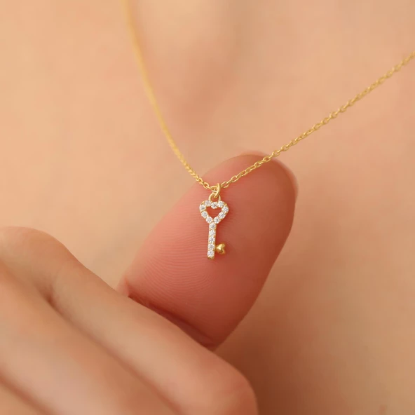 925 Ayar Gümüş Kalp Detay Taşlı Minimal Anahtar Kolye - CNS00139 ürün görseli 1