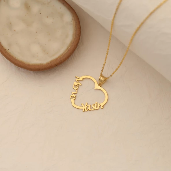 14 Ayar Mikron Altın Kaplama İsim Yazılı Kalp Figürlü Gümüş Kolye - CN00235 ürün görseli 1