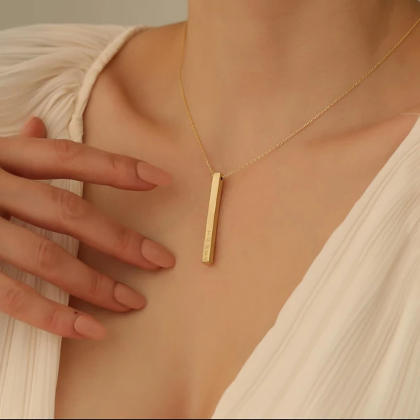 14 Ayar Mikron Kaplama Kişiye Özel İsim Kazımalı Barlı Gümüş Kolye - CN00244 - Resim 2