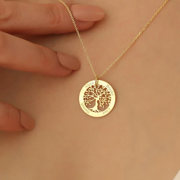 14 Ayar Mikron Altın Kaplama Kişiye Özel İsimli Aile Ağacı Gümüş Kolye - CN00243 - Resim 5