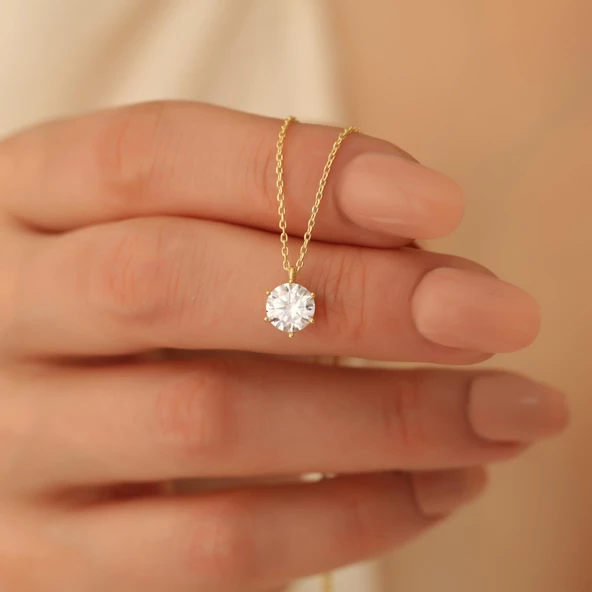 925 Ayar Gümüş 6 Tırnaklı Tek Taş Kolye - Çap 7 mm - CNS00143 ürün görseli 1