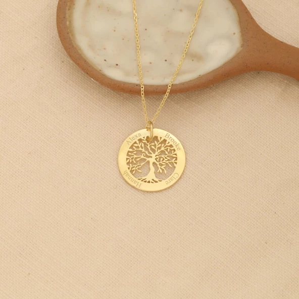 14 Ayar Mikron Altın Kaplama Kişiye Özel İsimli Aile Ağacı Gümüş Kolye - CN00243 - Resim 4