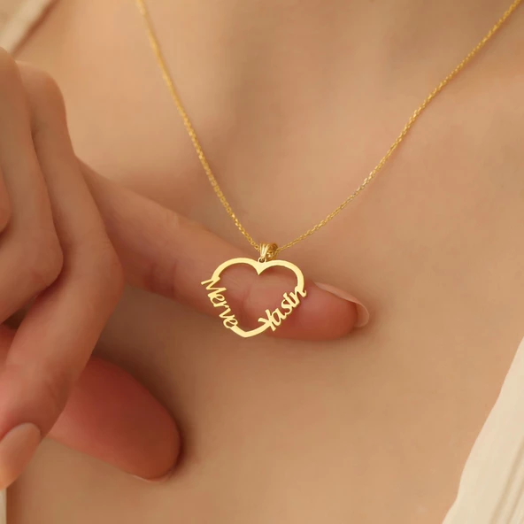 14 Ayar Mikron Altın Kaplama İsim Yazılı Kalp Figürlü Gümüş Kolye - CN00235 - Resim 3