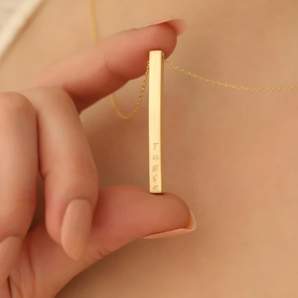 14 Ayar Mikron Kaplama Kişiye Özel İsim Kazımalı Barlı Gümüş Kolye - CN00244 ürün görseli 1