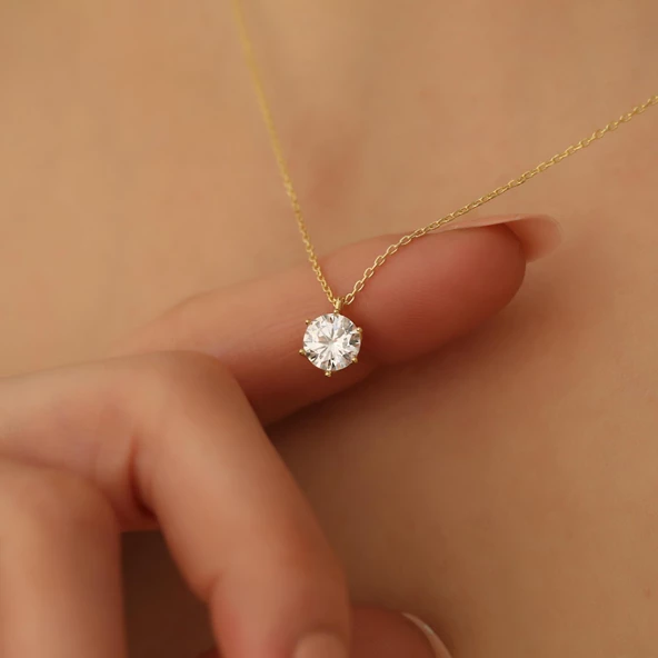 925 Ayar Gümüş 6 Tırnaklı Tek Taş Kolye - Çap 7 mm - CNS00143 - Resim 5