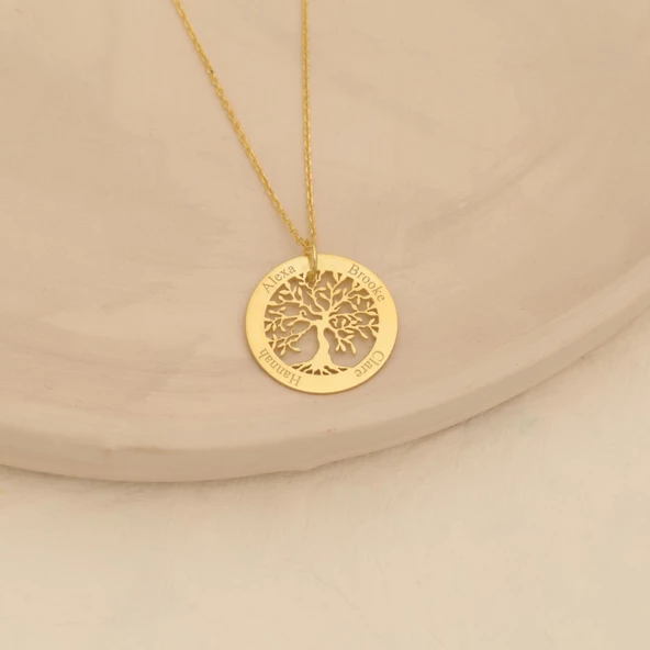 14 Ayar Mikron Altın Kaplama Kişiye Özel İsimli Aile Ağacı Gümüş Kolye - CN00243 - Resim 3