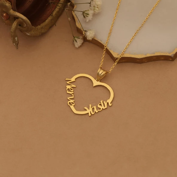 14 Ayar Mikron Altın Kaplama İsim Yazılı Kalp Figürlü Gümüş Kolye - CN00235 - Resim 4