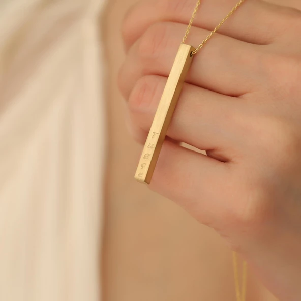 14 Ayar Mikron Kaplama Kişiye Özel İsim Kazımalı Barlı Gümüş Kolye - CN00244 - Resim 4