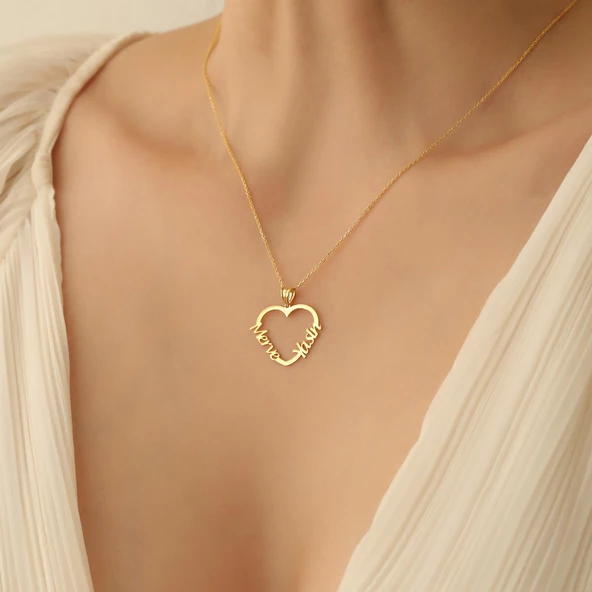 14 Ayar Mikron Altın Kaplama İsim Yazılı Kalp Figürlü Gümüş Kolye - CN00235 - Resim 2