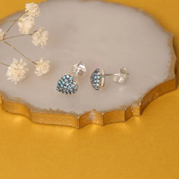 925 Ayar Gümüş Turkuaz Taşlı Kalp Çivi Küpe - ES00130 - Resim 2