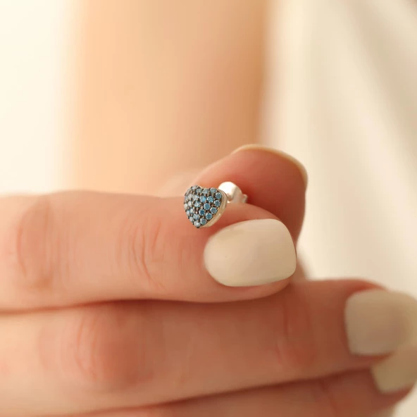 925 Ayar Gümüş Turkuaz Taşlı Kalp Çivi Küpe - ES00130 - Resim 5