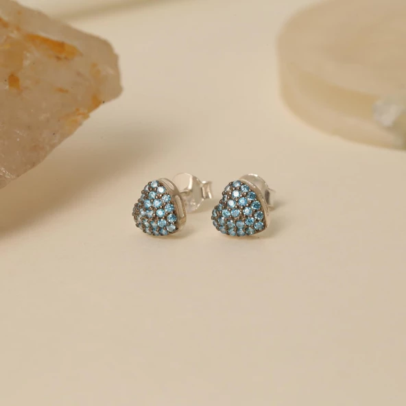 925 Ayar Gümüş Turkuaz Taşlı Kalp Çivi Küpe - ES00130 - Resim 4